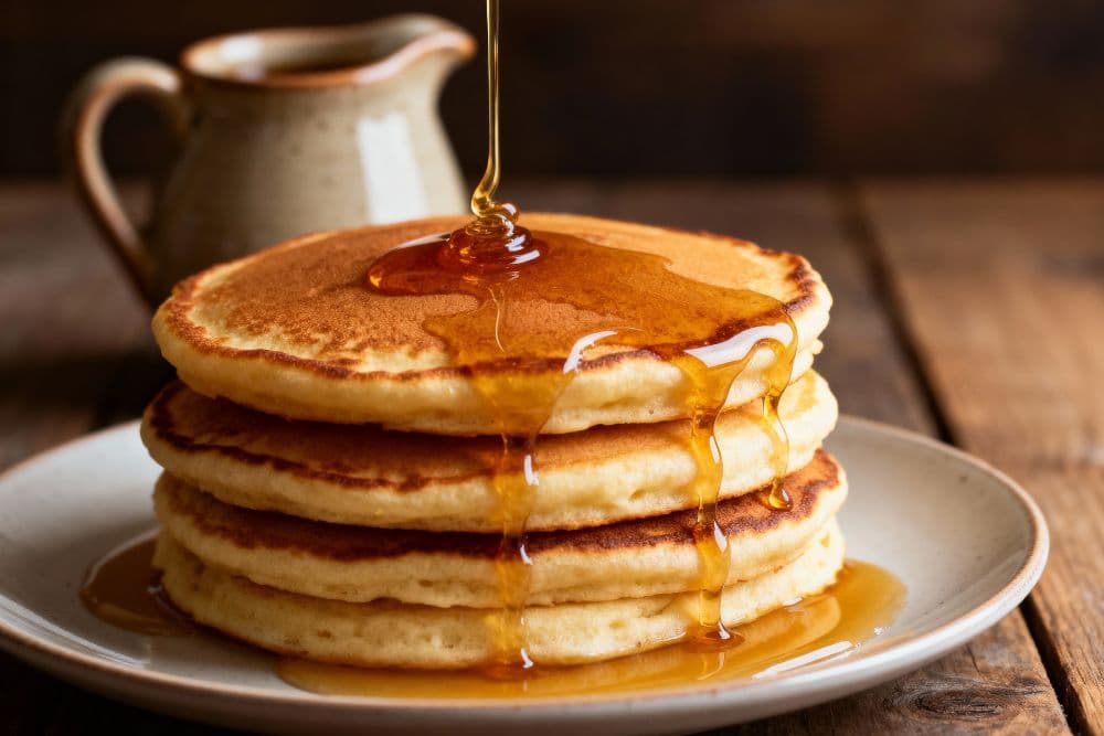 Stack of golden pancakes with syrup drizzling on top, accompanied by a small pitcher.